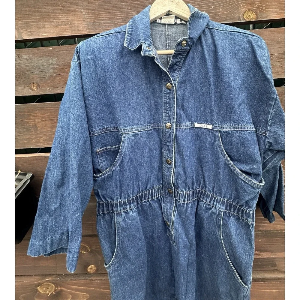 *VTG Ideas Denim Dress Womens Medium Blue w/ Pockets Long-sleeved Collar Buttons